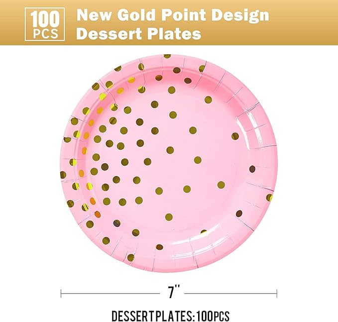 Pink Gold Paper Plates 100PCS,Pink and Gold Dots Dessert Plates,Disposable Round Party Supplies great for Baby Shower,Birthday,Wedding,Bridal Showers(7inch)