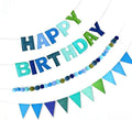 Pre-Strung 3D Happy Birthday Banner, 3 PCS Felt Reusable Birthday Decorations Set with Happy Birthday Letter Banners, Pom Pom Garland, Triangle Fabric Bunting, Blue Green Party Decor Sign Photo Prop
