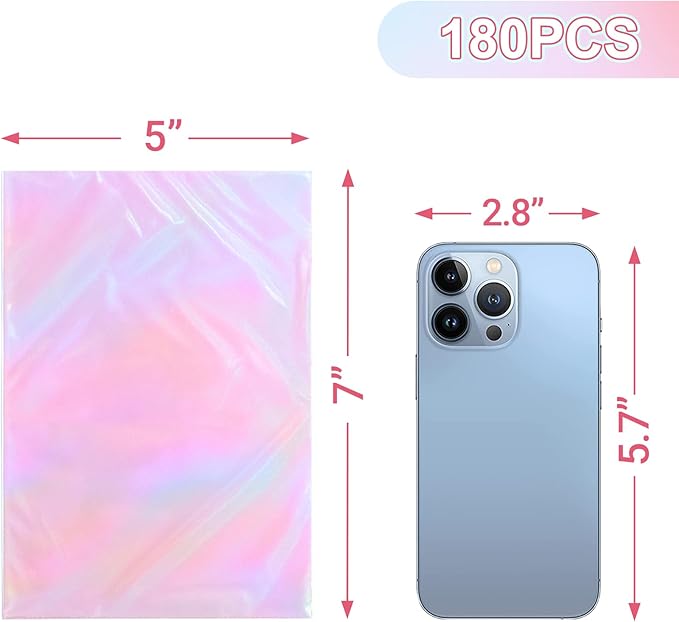Aubeco 180Pcs Iridescent Cellophane Treat Bags with Ties, 5x7 Inch Holographic Plastic Goodie Baggies for Party Favors, Candy, Cookies Packing, Gift Wrapping