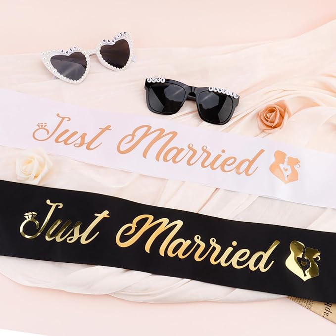 Just Married Bride and Groom Sunglasses and Sash for Just Married Wedding Party Decorations