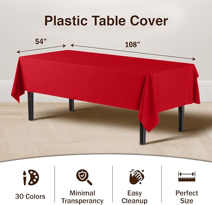 Exquisite 12-Pack Premium Plastic Tablecloth 12-Pack Premium Plastic Tablecloth 54in. x 108in. Rectangle Table Cover - Red