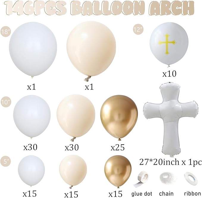 Baptism Theme Party Decorations Balloons Kit,146 Pcs White Sand Gold Matte Neutral Nude Balloons Arch for First Holy Communion Decorations God Bless Christening Party Birthday Supplies