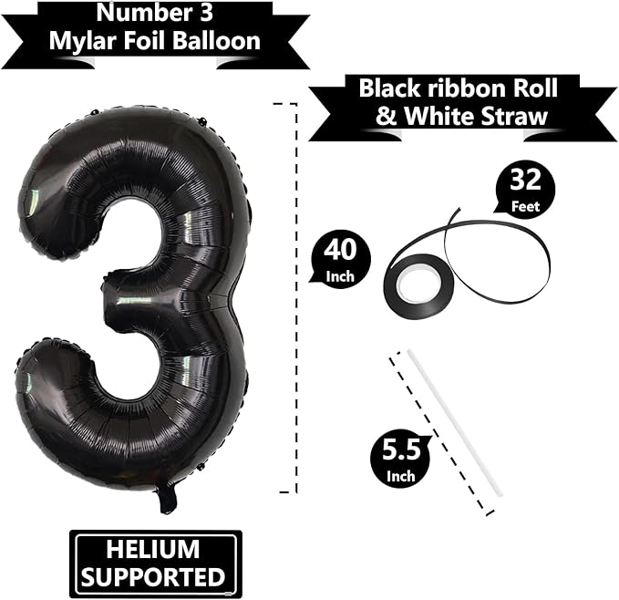 Number Balloons Black Party Balloon - Giant Number 3 Balloon, 40 Inch Large Balloon for Birthday Decorations, Black Party Supplies for Men Women
