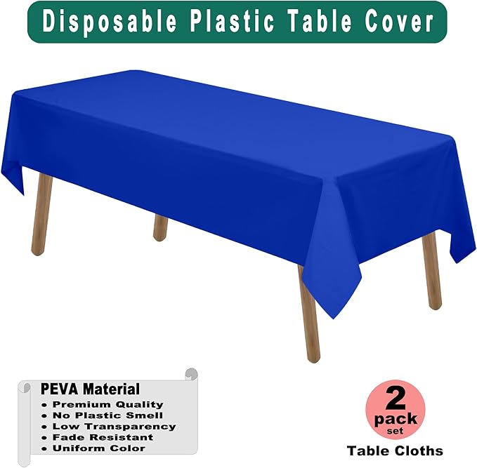 PARTY ULYJA Royal Blue Plastic Tablecloths 2 Pack 54 x 108 Inch Rectangle PEVA Vinyl Dark Table Covers for Parties Picnics Weddings