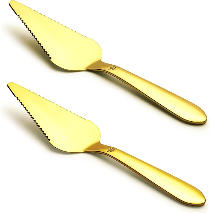 Cake Pie Server Set for Wedding, Elegant Pizza Slicer Server Set with Stainless Steel Big Serrated Edges, Cake Cutter Pie Spatula for Birthday Anniversary, 2 Pcs, Gold