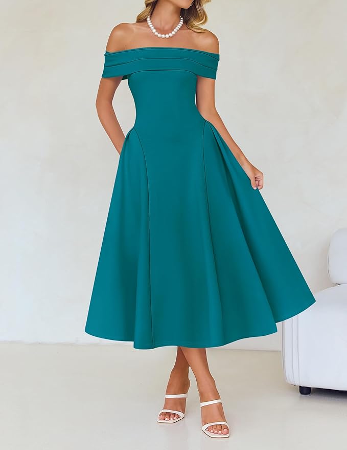 ZESICA Summer 2026 Cocktail Dresses for Women's Off Shoulder Short Sleeve Swing A Line Wedding Evening Party Midi Dress