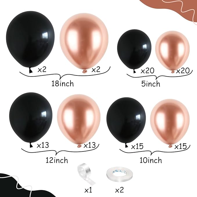 Rose Gold and Black Balloon Arch Kit, Metallic Rose Gold and Black Balloon Garland Kit with Different Sizes 18/12/10/5 inch Balloons for Graduation Birthday Wedding Anniversary Party Decorations