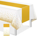 1Pcs White and Gold Tablecloth Party Decorations,Plastic White Table Cloth Printed Gold Table Runner Disposable Rectangle Tables Cover for Birthday Wedding Anniversary Graduation Party,54 x108 Inch