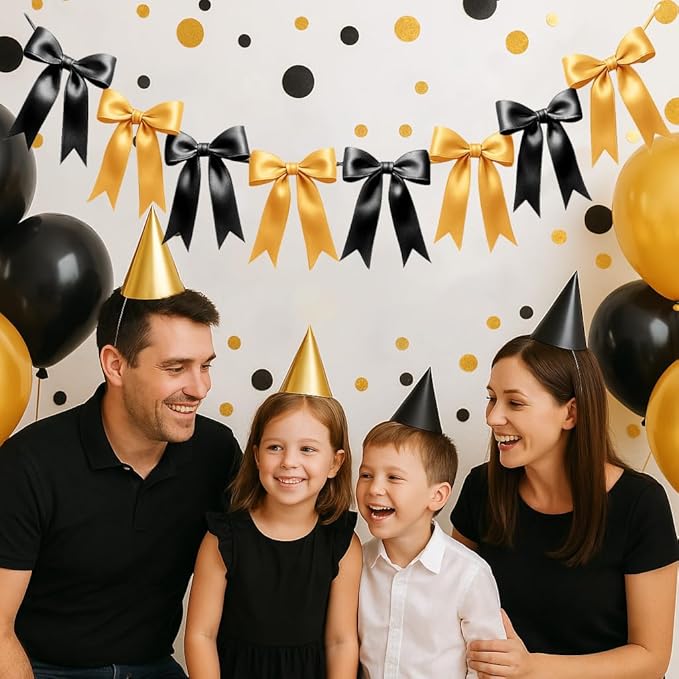 2 Strings of 16PCS Black&Gold Bow Garlands Banner Decoration,Pre-Strung Satin Ribbon Ornaments for Birthday,Bachelorette Party,Bridal Shower,Wedding,Engagement,Baby Shower,Graduation Decor,Anniversary