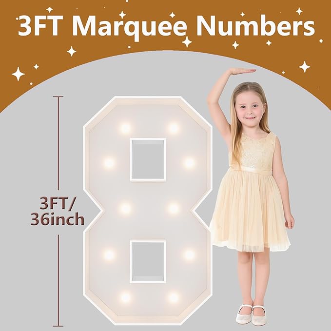 3FT Marquee Light Up Numbers, Giant Marquee Numbers, Pre-cut DIY Foam Board Number 8 for Happy 18th Birthday Decorations, 80th Birthday Decor for Women Men, Anniversary Decor
