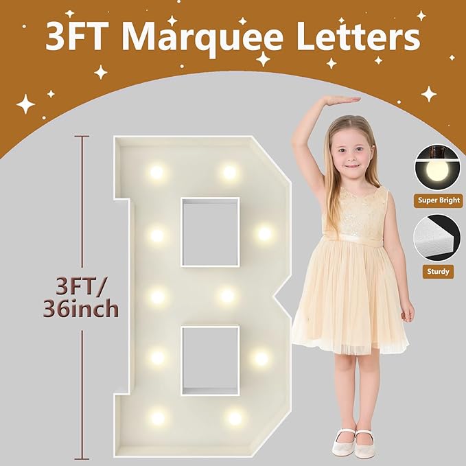 3FT Marquee Light Up Letters, Large Marquee Letters, Pre-cut Foam Board Letter B for Engagement Wedding Decorations Birthday Party Backdrop Decor, Balloon Arch Kit
