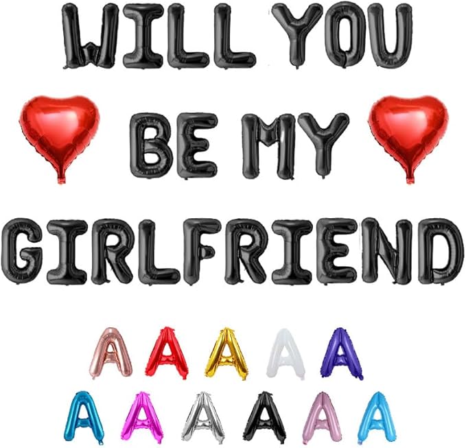 Will You Be My Girlfriend Balloons Banner with Two 18" Heart Balloons - Romantic Proposal Decorations for Prom/Date Night, Valentine’s Day - 16" Foil Letters with Straws, Ribbon, Adhesive Dots