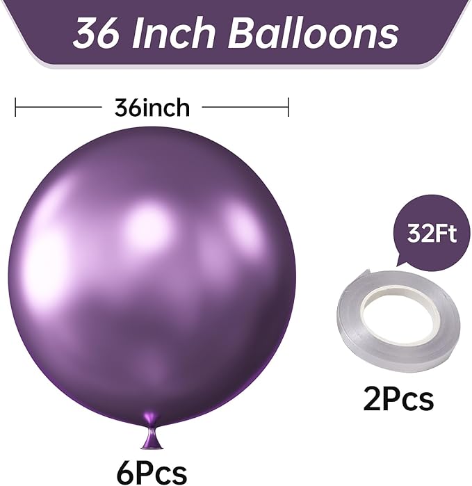 KALOR 36 Inch Giant Metallic Purple Balloons, 6 Pack Large Round Purple Latex Balloons for Anniversary, Birthday, Christmas, Wedding, Baby Shower Party Decorations