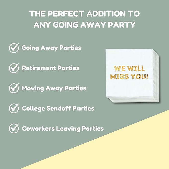 We Will Miss You Cocktail Napkins - 50 Pack White - Farewell, Going Away, Retirement Party Decorations Supplies, Coworkers Leaving Goodbye, Military Army Good Luck, Moving Celebrations