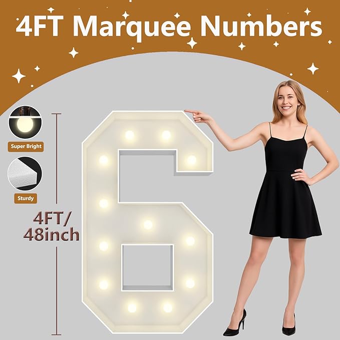 4FT Marquee Light Up Numbers, Giant Marquee Numbers, Pre-cut DIY Foam Board Number 6 for Sweet 16th 60th Birthday Decorations, 60th Anniversary Decor