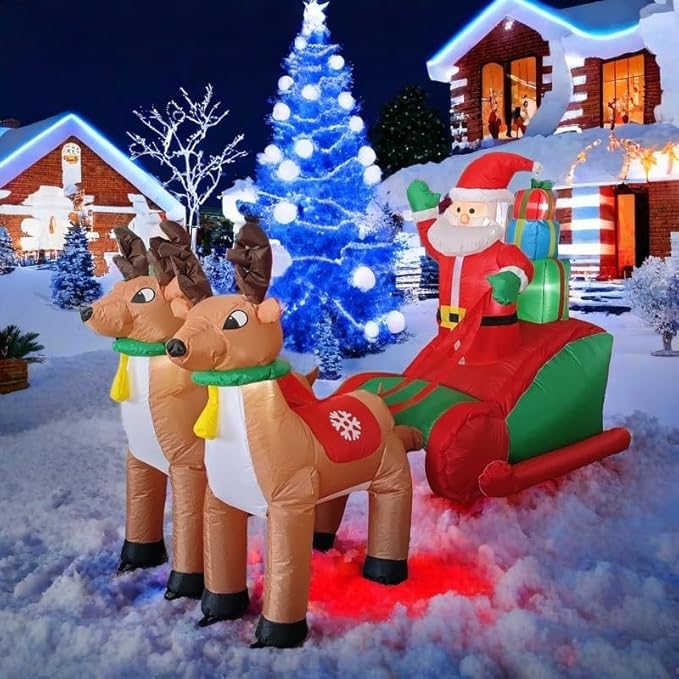 Christmas Inflatable Clearance, 8 FT Christmas Inflatable Outdoor Decoration Deer Pull car, Giant Santa Claus Driving Racing car in the Snow, for Garden Lawn Christmas Decoration