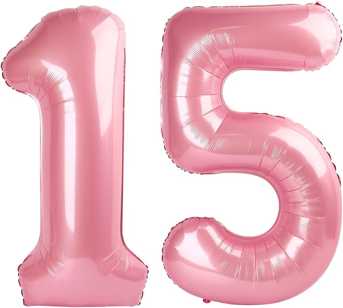 15 Number Balloons, 40 Inch Pearl Pink Balloons for Woman Man 15th Birthday Decoration, Foil Number 15 Ballon for 15, 51 Anniversary, Bridal Shower, Graduation, Wedding, Valentine's Day, Mother's Day