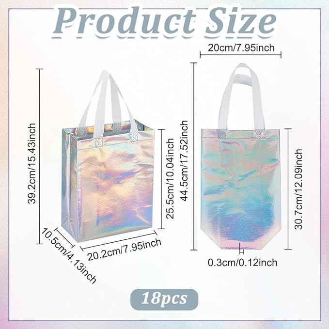 CUTHOLLOW 18 Pcs Iridescent Reusable Gift Bags with Handles for Party Favor, Bulk Non-woven Holographic Goodie Bags with Sturdy Base - Small Medium Christmas Birthday Wedding Gift Bags for Women Girl