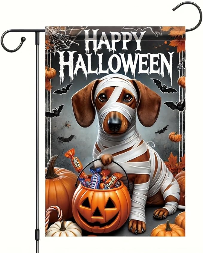 Halloween Garden Flag Dachshund Dog Mummy Pumpkin 12x18 Inch Double SidedOutdoor Yard Banner Trick or Treat Haunted House Spooky Cute Holiday Small Garden DecorationDecor