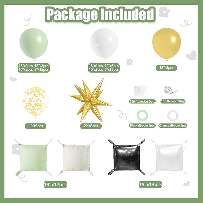 152Pcs Sage Green and White Foil Square Balloon Wall Backdrop with Sage Green White Gold Latex Balloons Arch Garland Kit, Double Sided Balloon Tunnel for Baby Shower Gender Reveal Party Decoration
