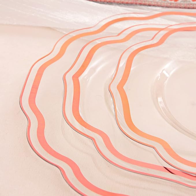 NOCCUR 150PCS Rose Gold Plastic Plates&Rose Gold Silverware-Include 30Dinner Plates, 30Salad plates, 90 Disposable Rose Gold Utensils- Ideal for Weddings/Party/Easter Day