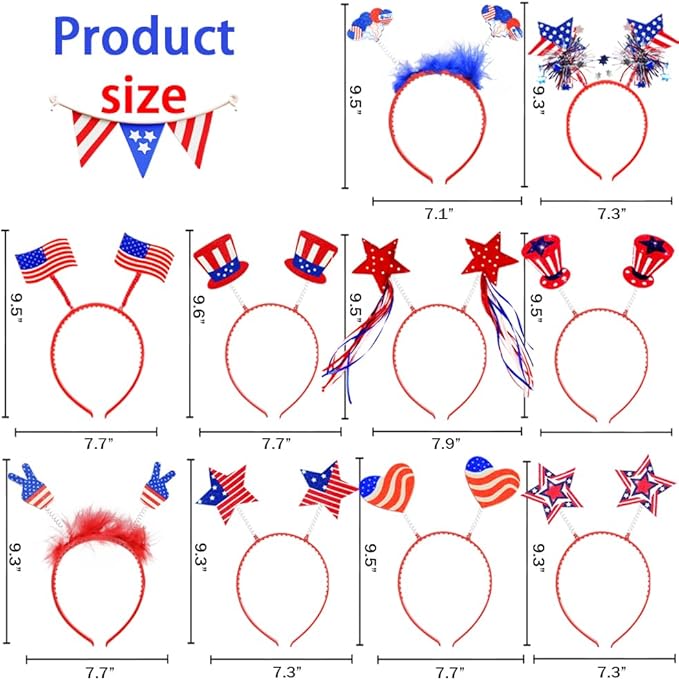 WODMAZ 12PCS Patriotic Headbands, 4th of July Headbands with Stars Flag Uncle Sam Hat, Patriotic Boppers Accessories for 4th of July Independence Day Party Favors