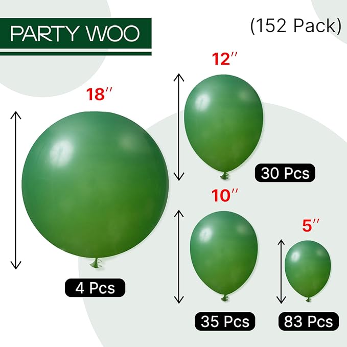 PartyWoo Dark Green Balloons 152pcs Different Sizes of 18 12 10 5 Inch Emerald Hunter Forest Green Balloon Arch Kit for Birthday Christmas Graduation Dinosaur Jungle Theme Party Decorations Green-Y56