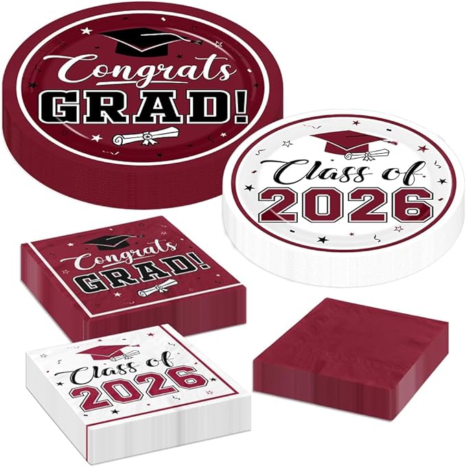 Graduation Party Plates and Napkins Maroon Class of 2026 Grad Congrats Party Supplies Disposable Dessert Paper Plates Cocktail Napkins forGraduation Party Decorations,Serve 50