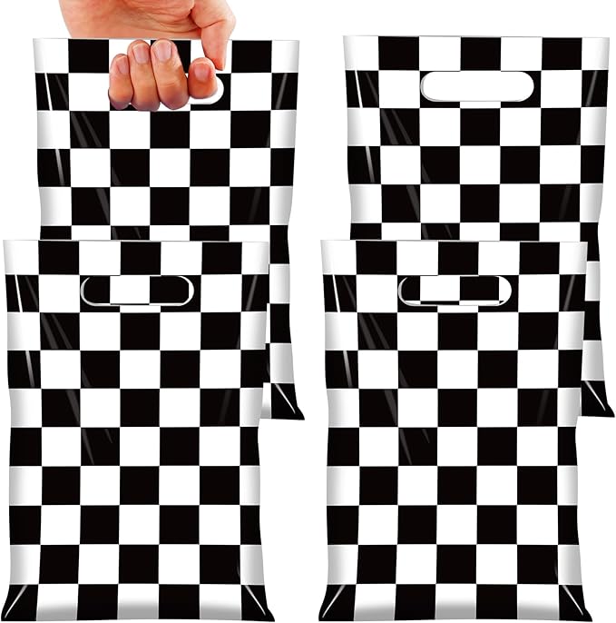 30 Pcs Black and White Checkered Race Car Party Favor Bags, Plastic Black and White Car Goodie Treat Bags, Racecar Buffalo Plaid Candy Gift Bags for Kids Fast Race Car Birthday Party Decorations