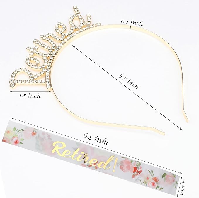 Didder Retirement Party Decorations - Gold Retired Tiara Crown Headband, Retirement Sash for Women