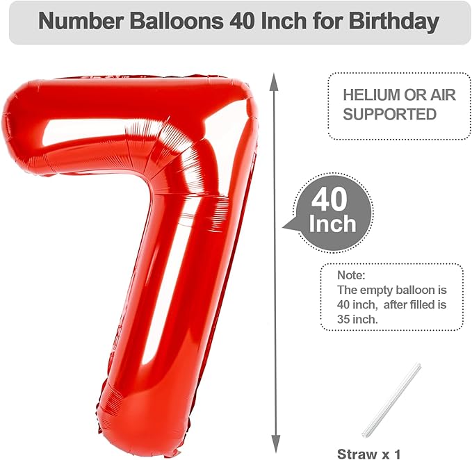 7 Balloons for Birthday Girl, 17th Birthday Decorations For boys And Girls, 40 Inch Red Balloons for 7, 17, 27, 37 Birthday, Wedding Anniversary, Christmas, New Year, Party Decoration