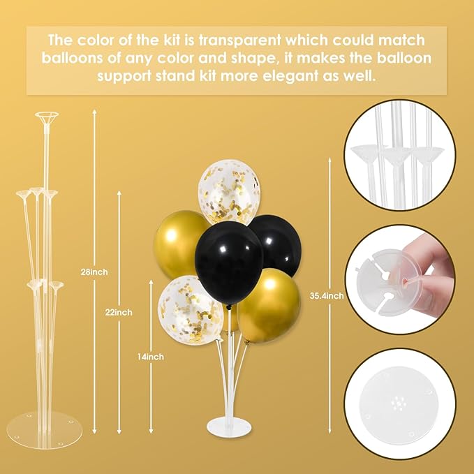 4 Sets Balloon Stand Kit, Balloon Sticks Holder with Black and Gold Balloons Table Centerpiece Party Decorations for 2026 New Years Eve Graduation Father's Day Anniversary(Black and Gold)