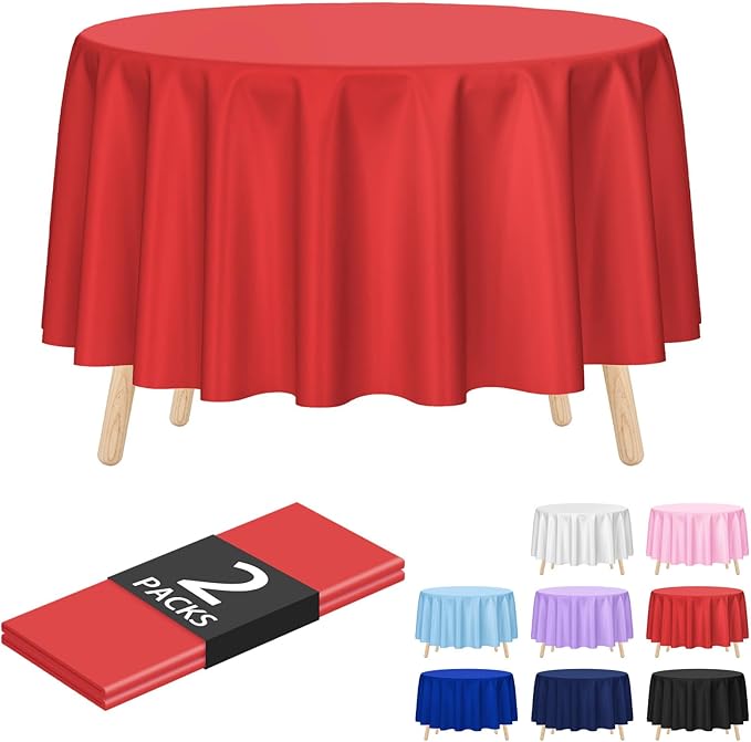 Kopokita 2 Pack Red Round Disposable Plastic Tablecloths 84 inch Party Table Covers