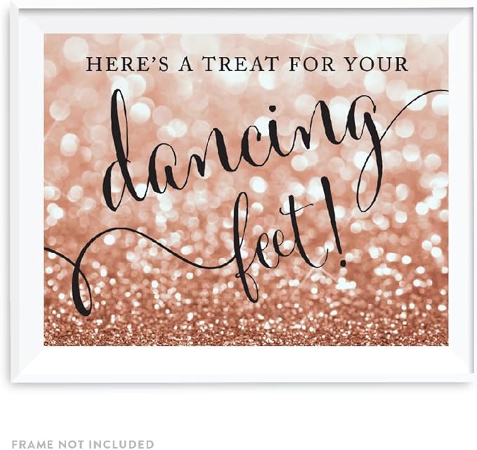 Andaz Press Wedding Party Signs, Glitzy Rose Gold Glitter, 8.5x11-inch, Here's a Treat for Your Dancing Feet! Flip Flop Sandals High Heels Shoes Dance Floor Reception Sign, 1-Pack, Bokeh