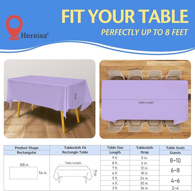 8-Count Lavender Disposable Plastic Tablecloths Rectangle 54x108 Inch - Extra Long Waterproof Banquet Table Covers for Parties & Catering