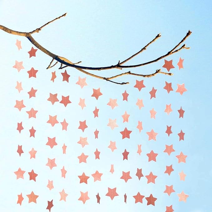 6 Pack Glitter Rose Gold Star Paper Garland Bridal Shower Wedding Bachelorette Party Birthday Party Bunting Banner Hanging Decorations Sparkling Daily Indoor or Outdoor Decorative Supplies (50 Feet)