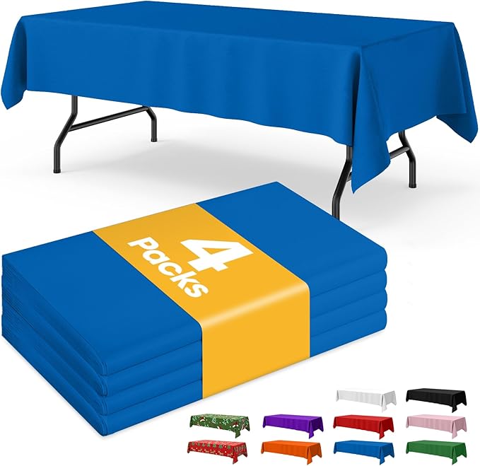 Blue Plastic Table Cloth - 4 Pack 54" × 108" Rectangle Disposable Tablecloths for 6FT Tables, Table Cover for Party, Holiday & Gathering Use