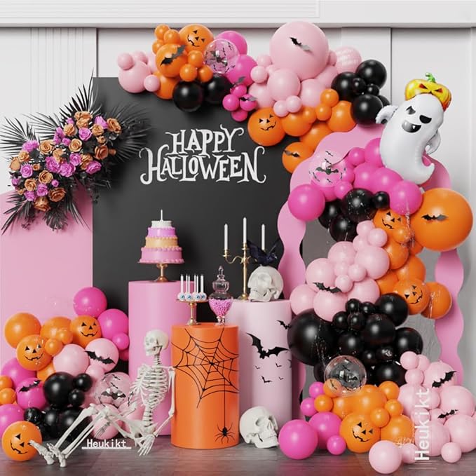 150pcs Halloween Balloon Garland Arch Kit Pink Orange Black Hot Pink Latex Balloons with Pumkin Ghost Foil Balloon for Halloween Spooky BOO Day Party Decorations