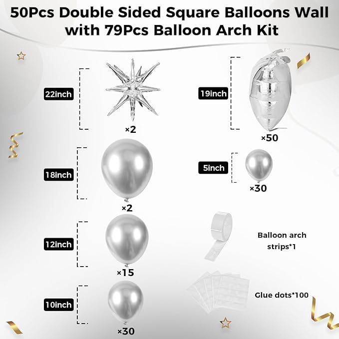 50pcs Metallic Silver Square Foil Balloons Wall Backdrop with 79pcs Metallic Silver Balloon Garland Arch Kit, Double Sided Balloon Tunnel for Anniversary Engagement Birthday Prom Decorations
