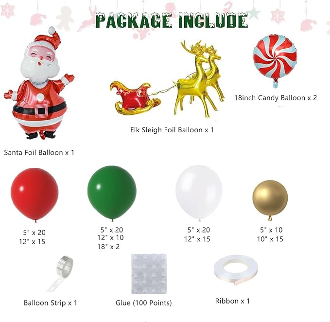 Christmas Balloon Garland Arch kit, 134 Pieces Xmas Green Red White Gold Balloons Garland Kit, Candy Cane Foil Balloons Elk Santa Claus Balloon for New Year Christmas Party Decorations
