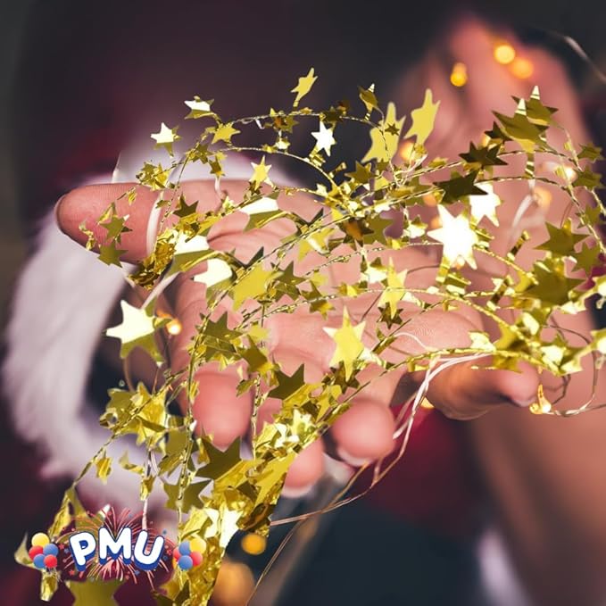 PMU 150 Ft Star Wire Shiny Garland Gold - Halloween, Christmas Party, Wedding, Birthday, Festive Home Decoration Ornament Gold (6pc-25Ft Each)