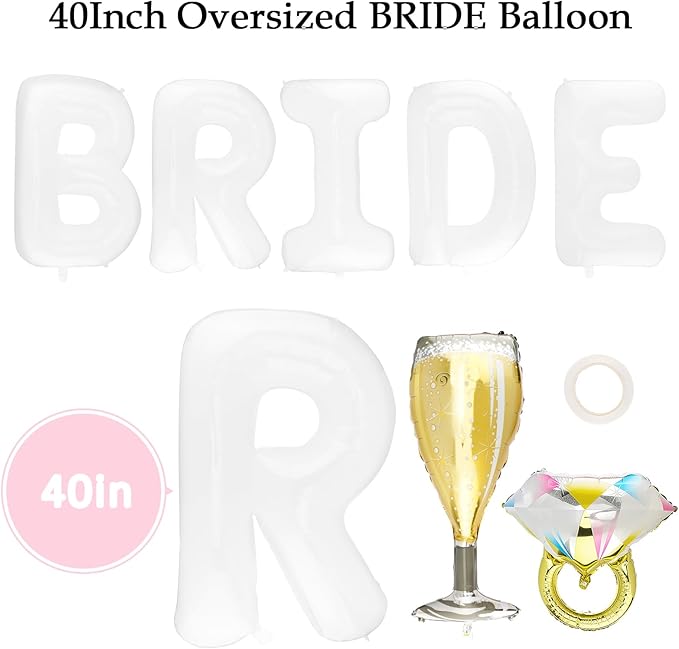 9PCS Bride to Be Balloon Decorations Set - BRIDE Letter Balloons, Ring & Champagne Foil Balloons, Veil, Sash & Sunglasses for Bachelorette, Bridal Shower, Engagement & Wedding Celebration