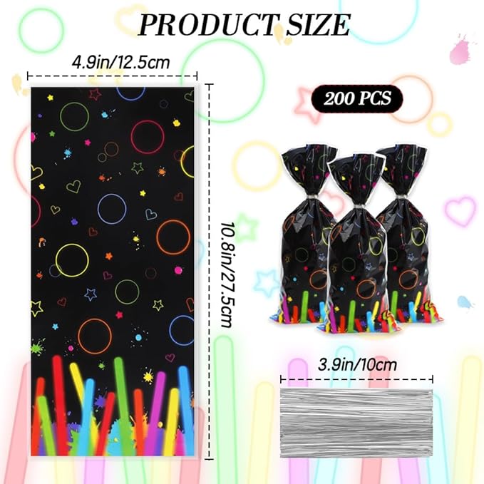 Neon Cellophane Treat Bags Plastic Colorful Candy Goodie Bag with Twist Ties for Birthday Party Decoration Gift Wrap (200/black)