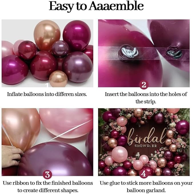 Burgundy Pink Balloon Arch Double Stuffed Dark Ruby Red Pink Plum Gold Balloon Garland Kit Maroon Balloons for Wedding Bridal Shower Birthday Mother's Day Engagement Anniversary Party Decor