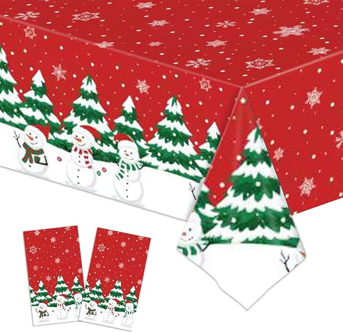 2 Pack Christmas Plastic Tablecloths Disposable Xmas Table Covers Snowman Table Cloths for BBQ Picnic Birthday Christmas Party Covers Waterproof Oil-proof Table Cloth Red Snow Table Cloths 54 x 108 In