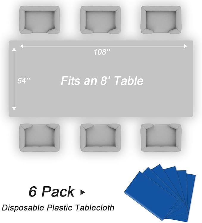 QIKSION Blue Plastic Table Cloth Disposable 6 Pack, 54 x 108 Inch Tablecloths for Patriotic Decorations, Birthday Party, Rectangle Table Cover
