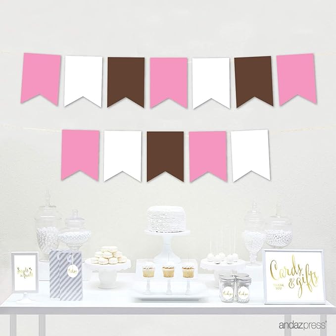 Andaz Press Hanging Pennant Banner with String, Pink, White, Brown, 1-Set, 24 Pennants, Approx. 12-Feet Long, Girl Monkey Baby Shower Theme Birthday Supplies