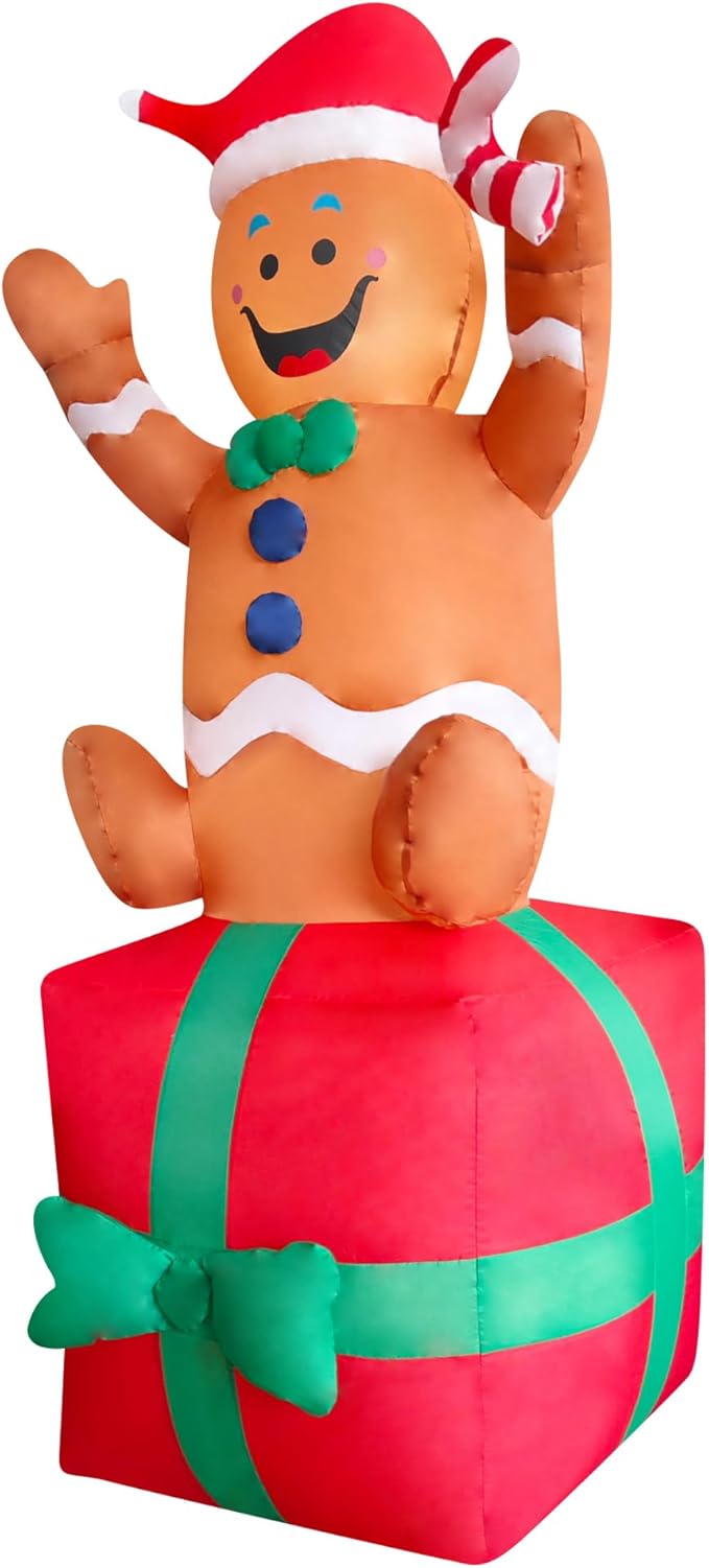 2 Packs 6FT Inflatable Christmas Santa Claus on Gift Box and Gingerbread Man Blow Up Decor for Christmas Outdoor/Doorway/Lawn Decor/Yard Party Decoration