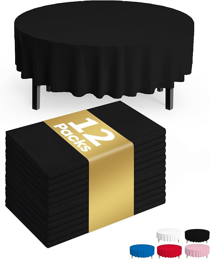 Pureegg Plastic Table Cloth Disposable 12 Pack, 84'' Round Table Cloths, Graduation Decorations Class of 2026, Graduation Party Tablecloths, Round, Plastic Cover, Leakproof & Sturdy, Black
