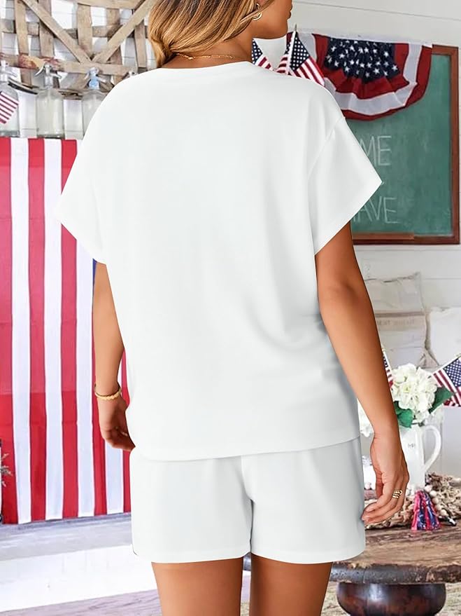 VILOVE 4th of July 2 Piece Sequin Outfits Women 250 Anniversary Usa Shirts and Short Sets Casual Patriotic Shirt Summer Set